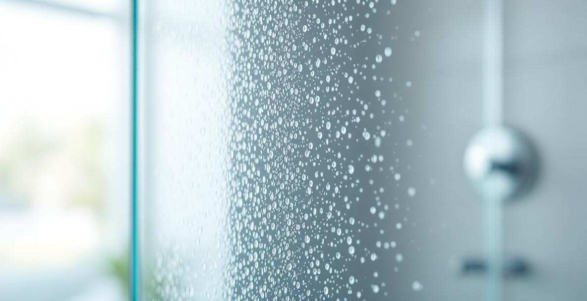 Water droplets and mineral spot patterns on glass surface showing the bokeh haze effect of hard water deposits left on shower glass panels in DFW homes