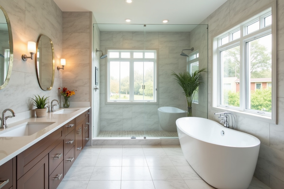 Luxury DFW bathroom renovation featuring large format tile shower with frameless glass enclosure showing the combination of quality tile and custom glass that defines high-end primary bathrooms