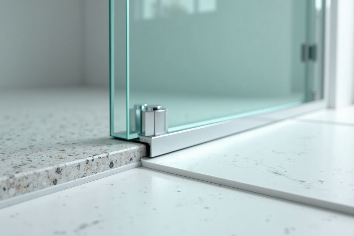 Close-up of frameless glass shower door silicone seal and sweep at the floor showing the critical waterproofing elements that prevent leaks in glass enclosure installations