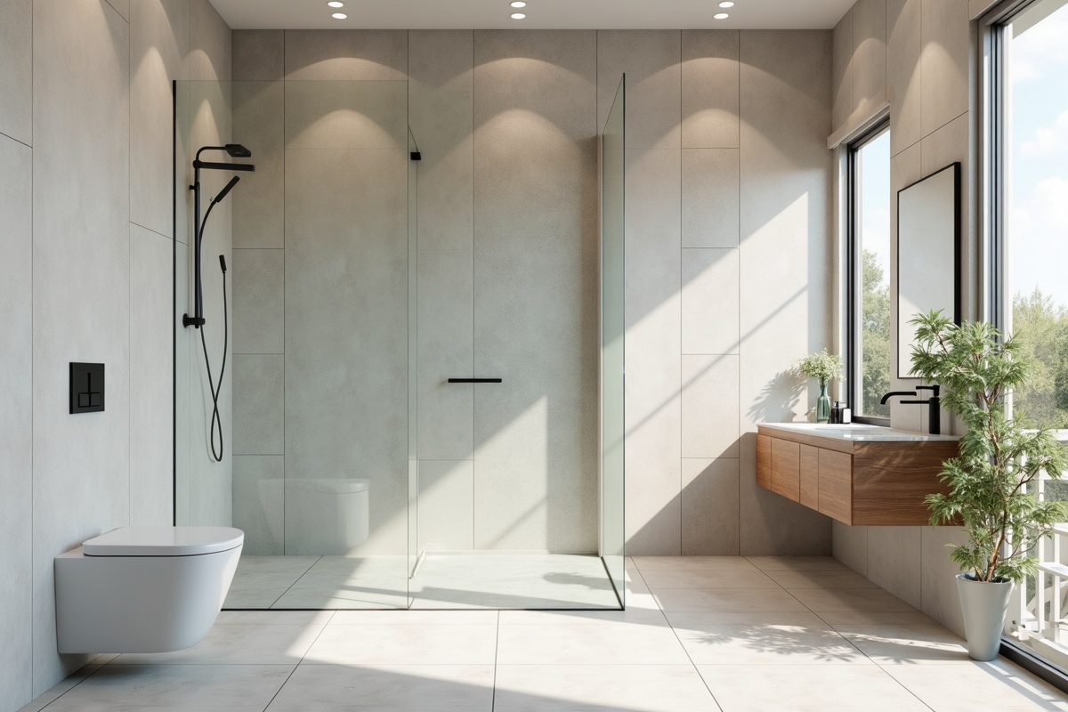 Modern DFW wet room bathroom shower interior showing glass enclosure and continuous waterproof wet-zone design with contemporary tile and fixtures