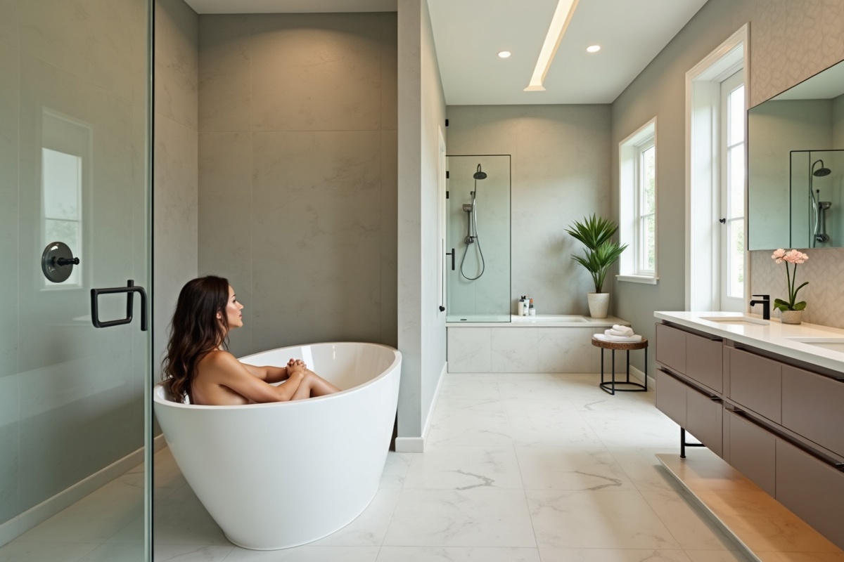 Woman relaxing in a freestanding soaking tub inside a DFW wet room bathroom showing the dual shower-and-tub function of a continuous wet zone design