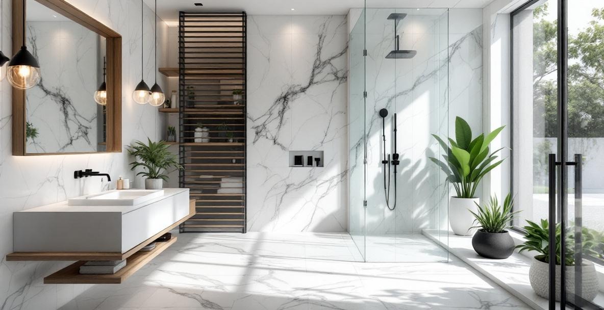 Modern DFW bathroom showcasing a wet room design with floor-to-ceiling glass panels, tiled floor and walls, and an open shower and tub configuration