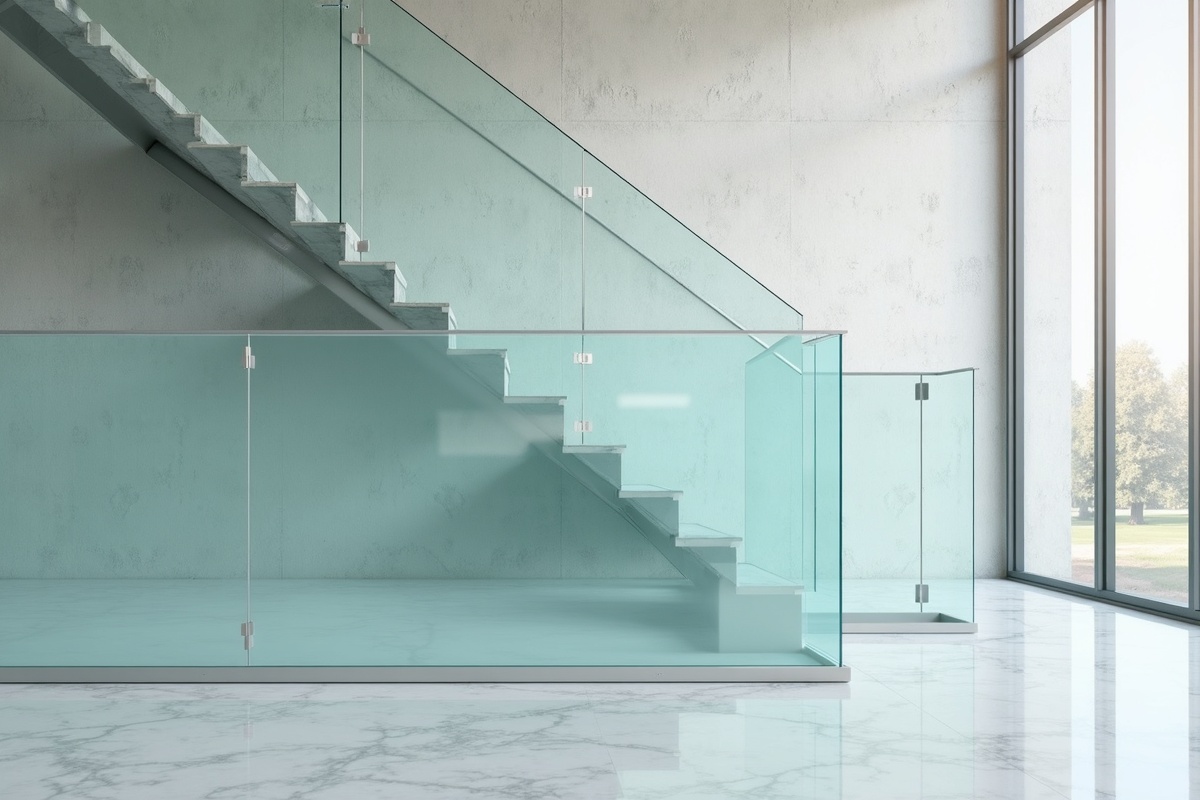 Modern building interior with glass stair railing near textured wall showing frameless tempered glass panels with aluminum channel base system