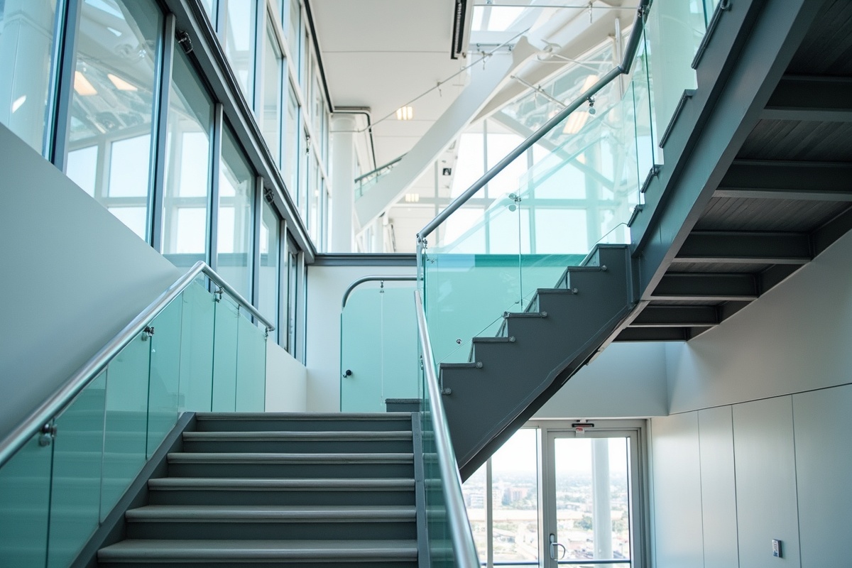 High ceiling above modern stairs with steel and glass wall structures showing a commercial glass stair railing installation with frameless tempered panels