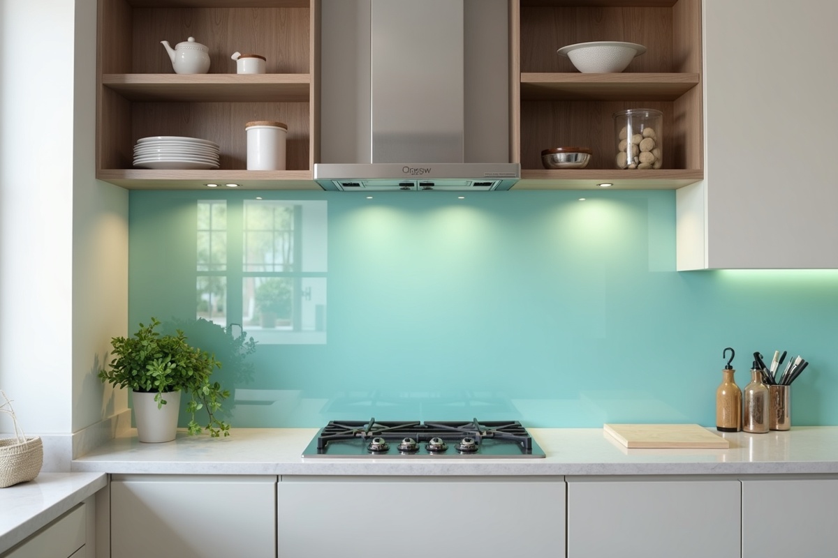 Back-painted glass wall panel installed in a Dallas kitchen as a modern backsplash alternative showing smooth colored glass surface