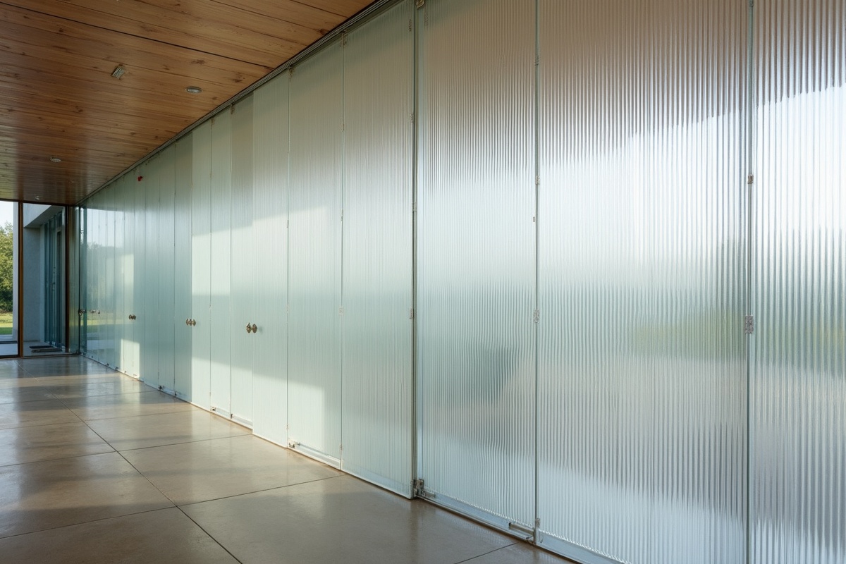 Reeded glass wall panels in a DFW residential interior showing fluted texture creating visual interest and privacy in an open plan space