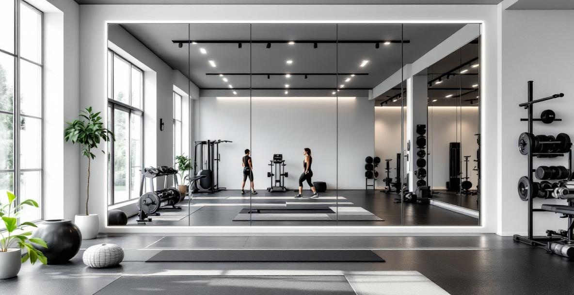 Professional gym mirror installation with full-wall panels in a Dallas home gym showing proper floor-to-ceiling coverage