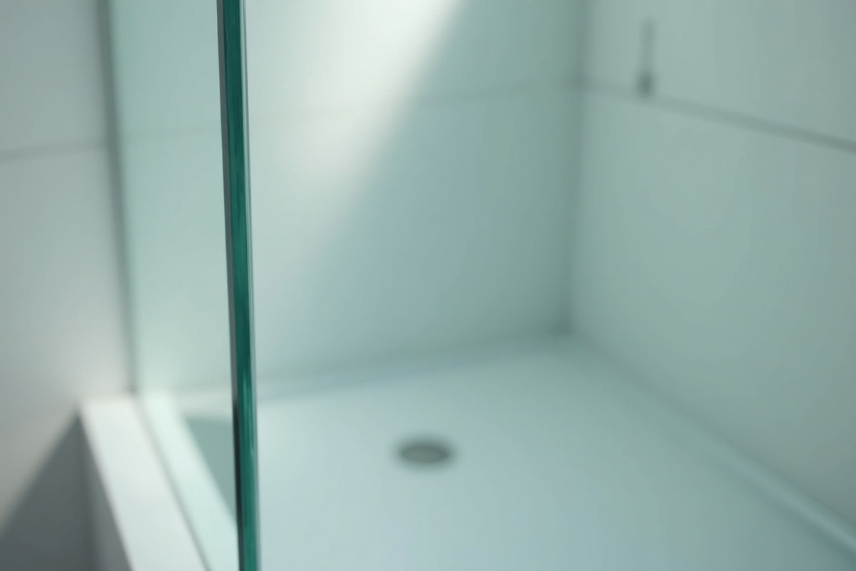 Close-up of thick low-iron glass shower panel edge showing crystal-clear clarity without green tint in a luxury bathroom