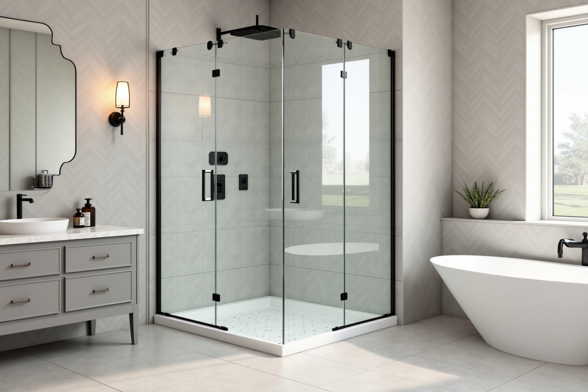 High-end corner shower enclosure with mitered glass corners and matte black hardware in a master bathroom in Texas
