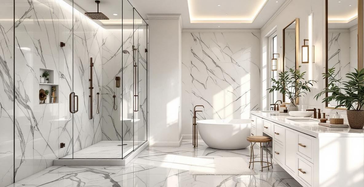 Luxurious frameless glass shower enclosure with matte black hardware in a high-end Texas bathroom
