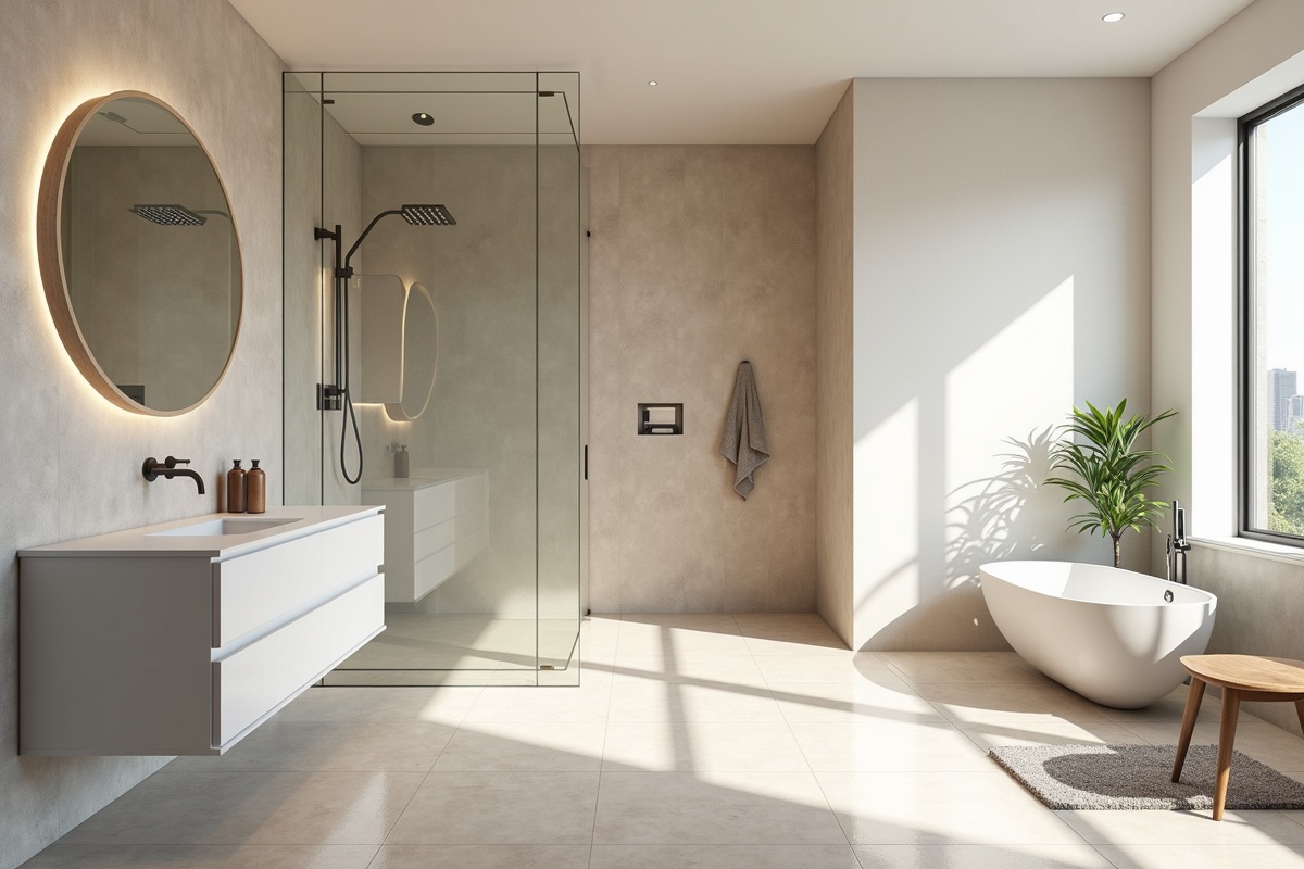 Spacious bathroom interior with frameless glass shower partition and natural stone tile flooring