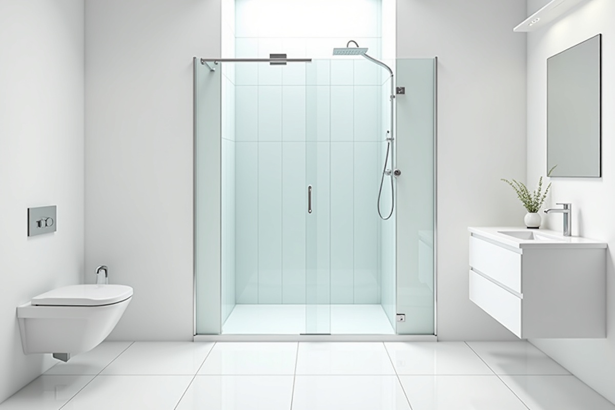 Bright modern bathroom with glass shower enclosure and white tile walls demonstrating clearance space for a swing door