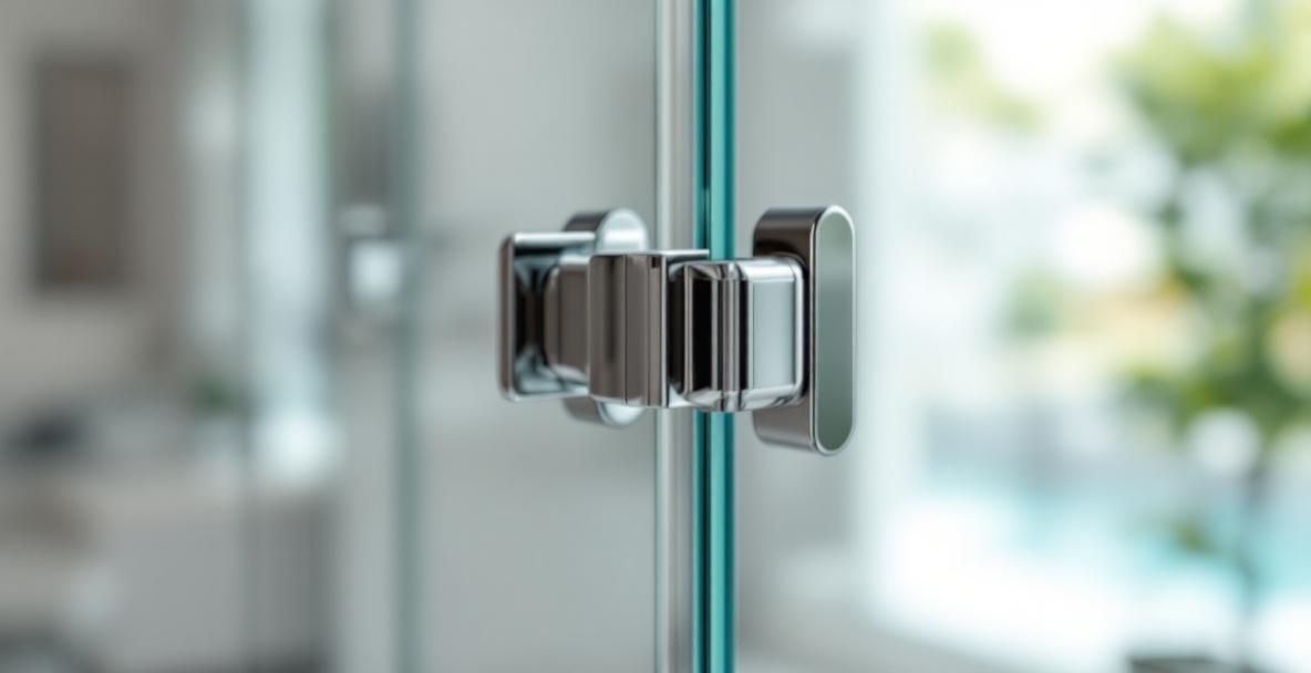 Elegant frameless glass shower door with polished hinges in a spacious modern bathroom with marble tiles