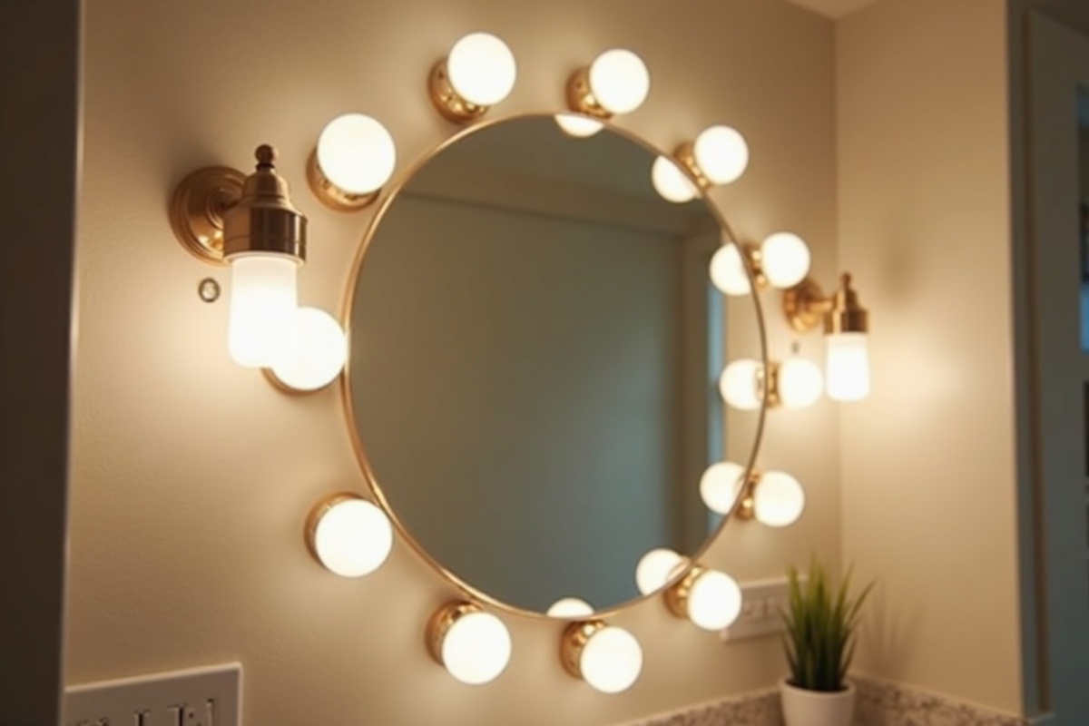 Close-up detail of a Hollywood lighted mirror showing the round bulbs arranged around the perimeter of the frame in a Dallas master bathroom