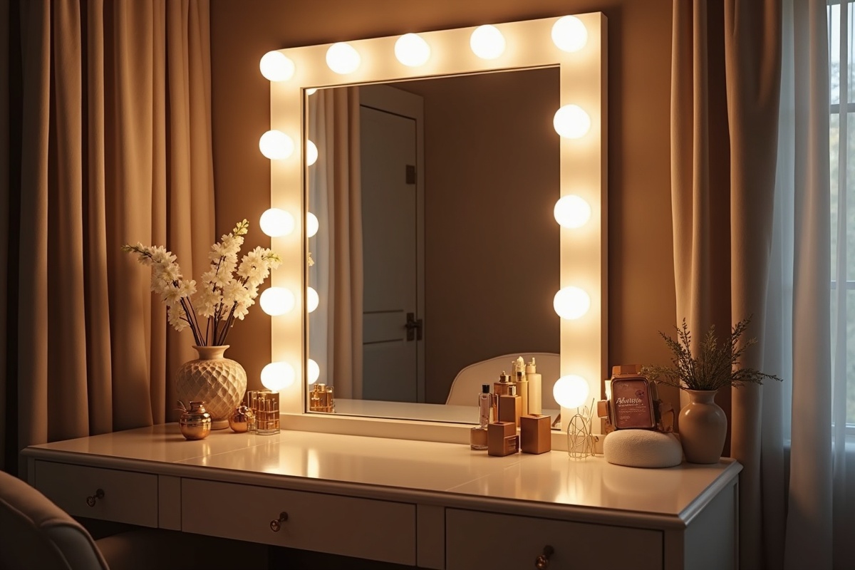 Luxury Dallas dressing room with a large illuminated Hollywood mirror over a makeup vanity, showing even shadow-free light on the mirror surface