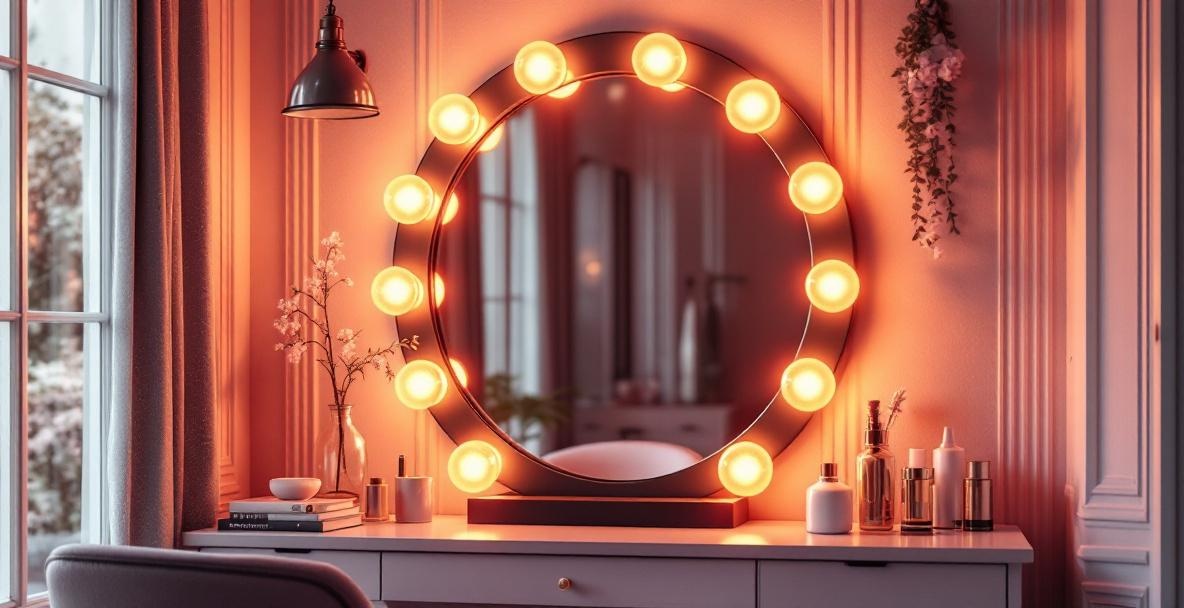 Hollywood-style lighted vanity mirror installed in a luxury Dallas master bathroom with warm bulb lighting around the frame