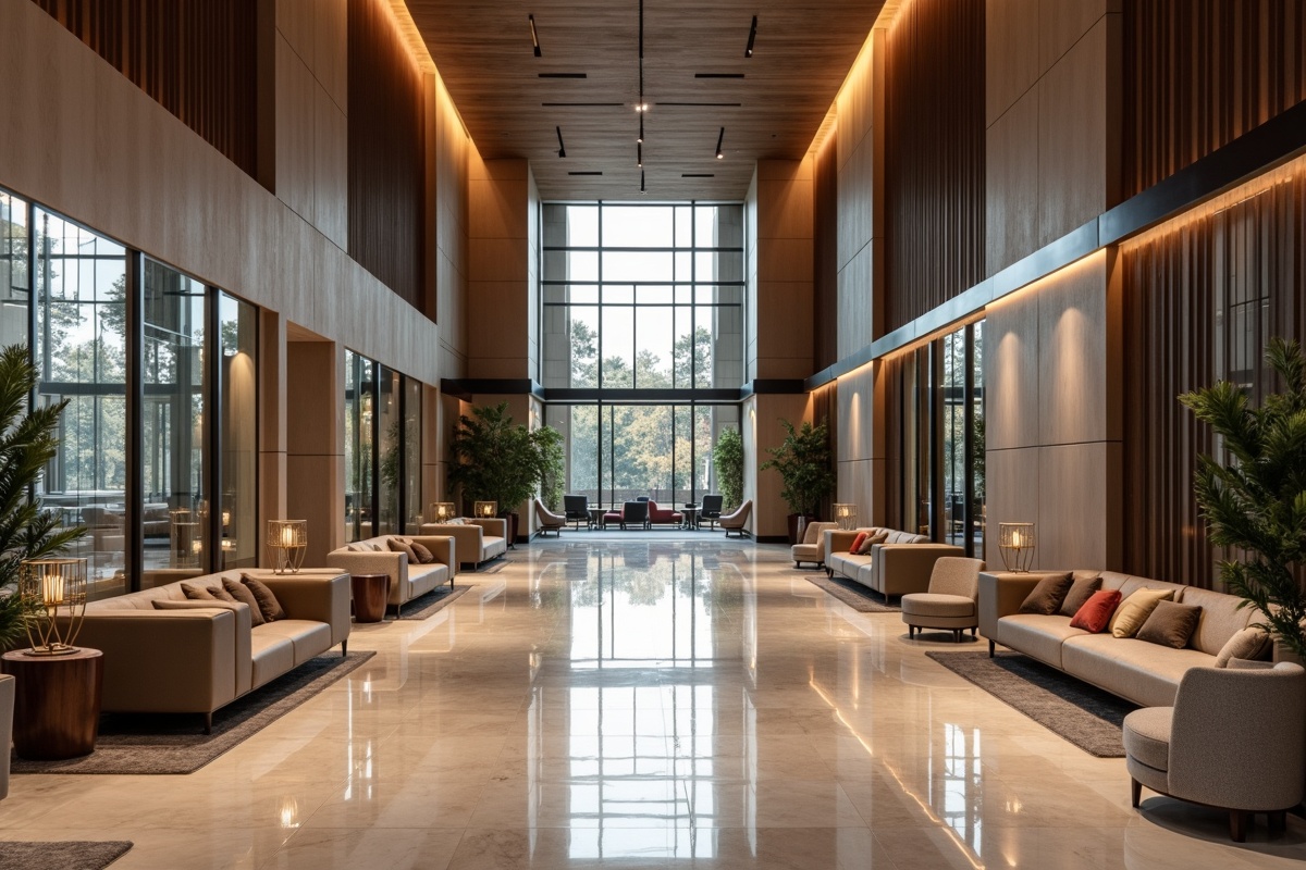 Spacious modern hotel lobby with contemporary seating, large format mirrors, and glass architectural features representing Texas hospitality glass installation scope