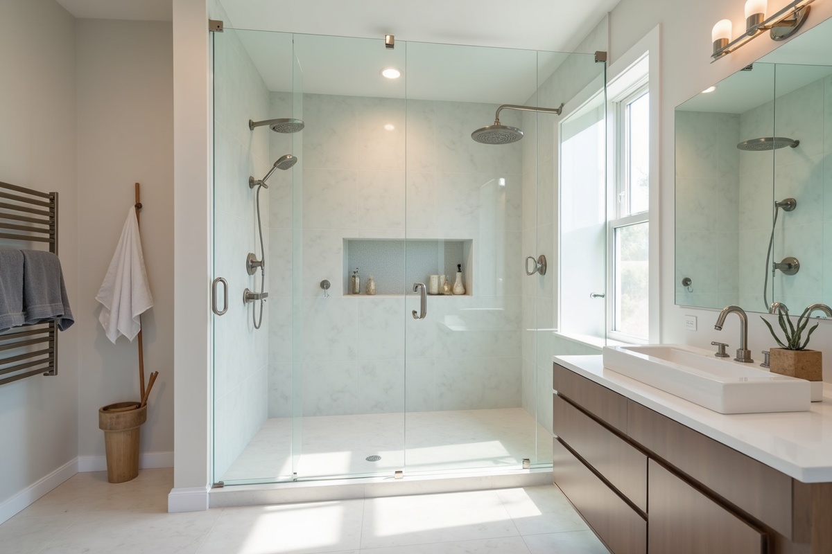 Modern bathroom interior with clean glass shower cabin and contemporary fixtures in a DFW home showing how a well-maintained frameless shower maintains its appearance over decades