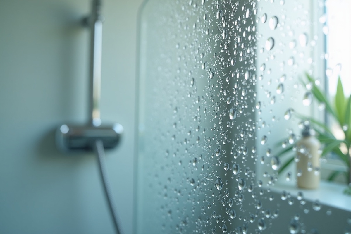 Close-up of water droplets on glass surface showing the mineral-laden hard water drops that deposit calcium and magnesium on frameless shower glass in DFW homes
