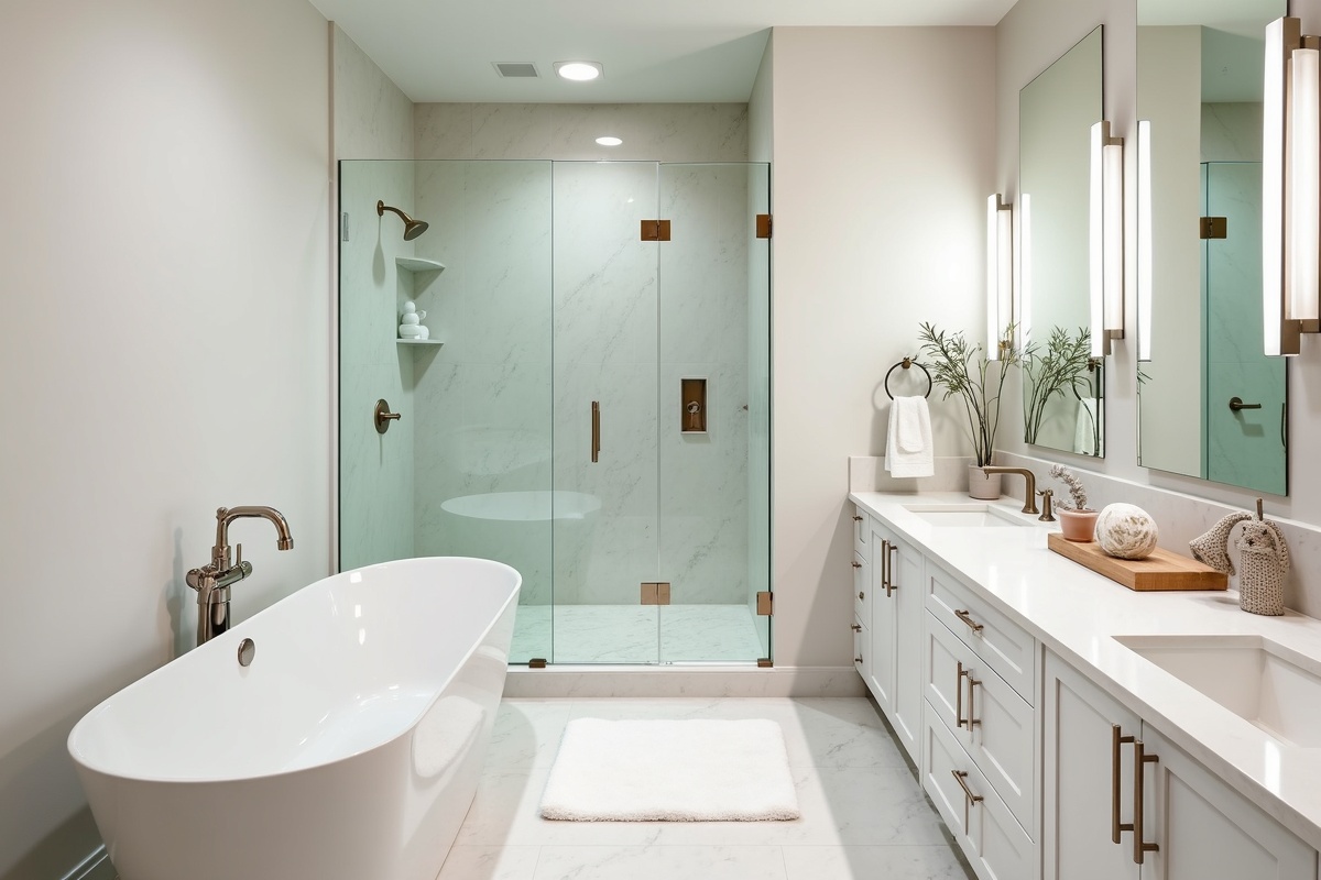 Bathroom with professional fixtures and design showing the finished quality of correctly scheduled and installed frameless shower glass in a DFW home renovation