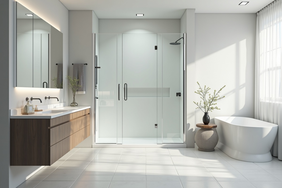 Modern bathroom interior design showing the finished result of professional shower door installation with clean glass surfaces and properly cured silicone seals