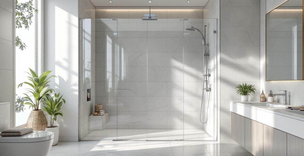 Modern bathroom design showing the result of professional shower door installation with clean frameless glass enclosure ready for use in DFW home renovation