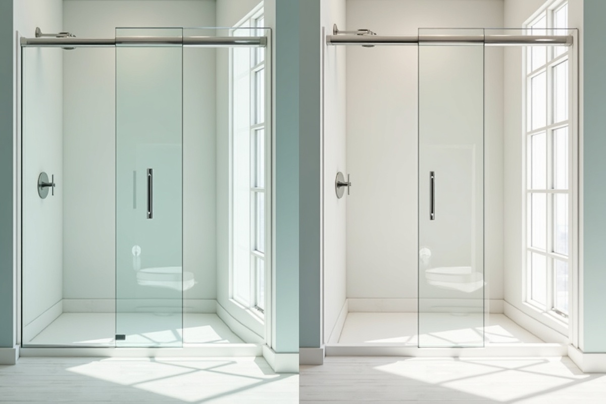 Side-by-side comparison of standard clear 3/8-inch frameless shower glass versus low-iron glass showing the difference in color neutrality and light transmission