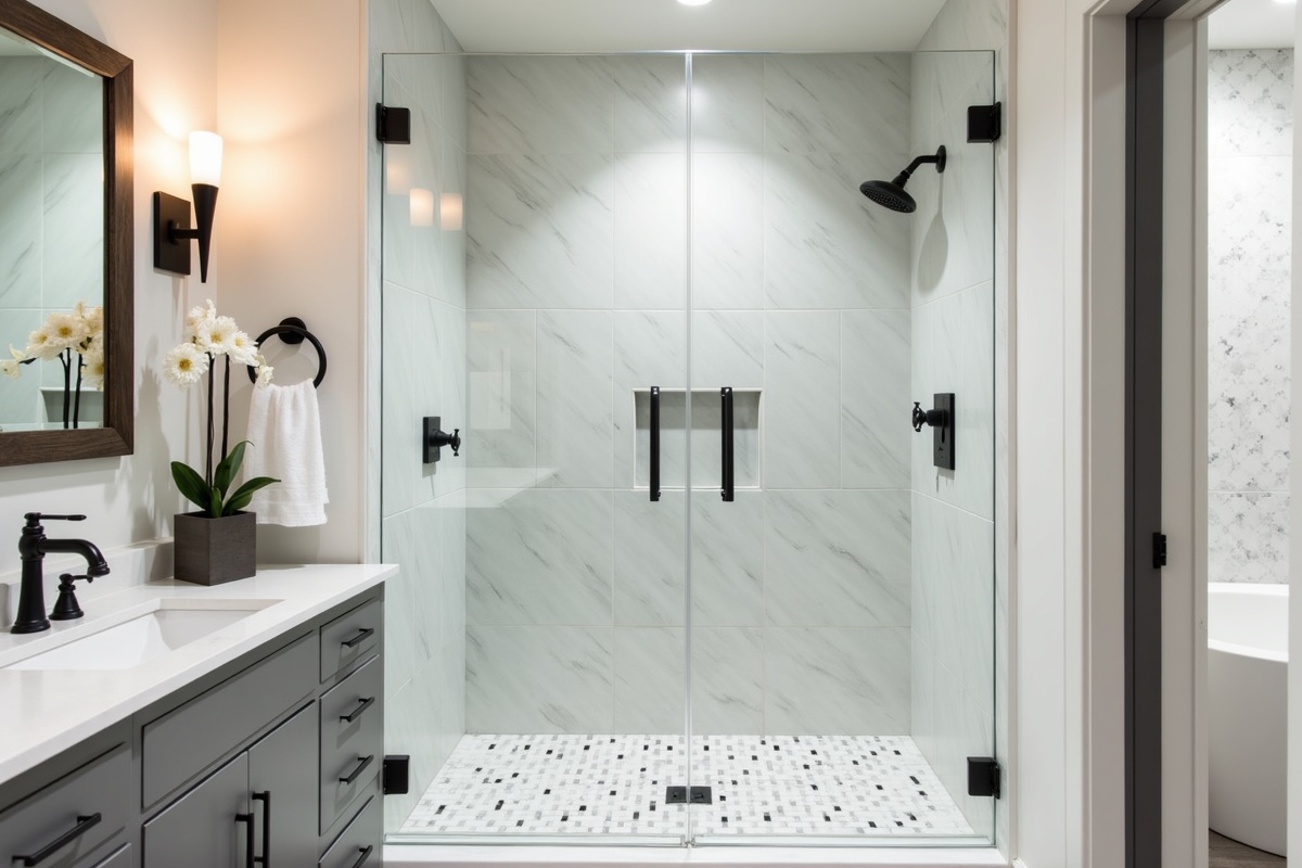 Premium frameless shower enclosure with mitered glass corners and matte black hardware in a DFW luxury bathroom renovation showing the high-end price range