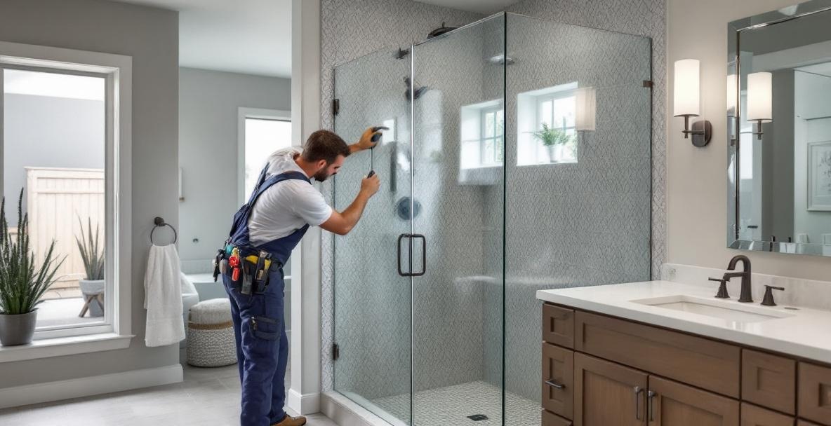 Installed frameless shower door showing clear tempered glass and brushed nickel hardware in a DFW bathroom representing a mid-range frameless installation