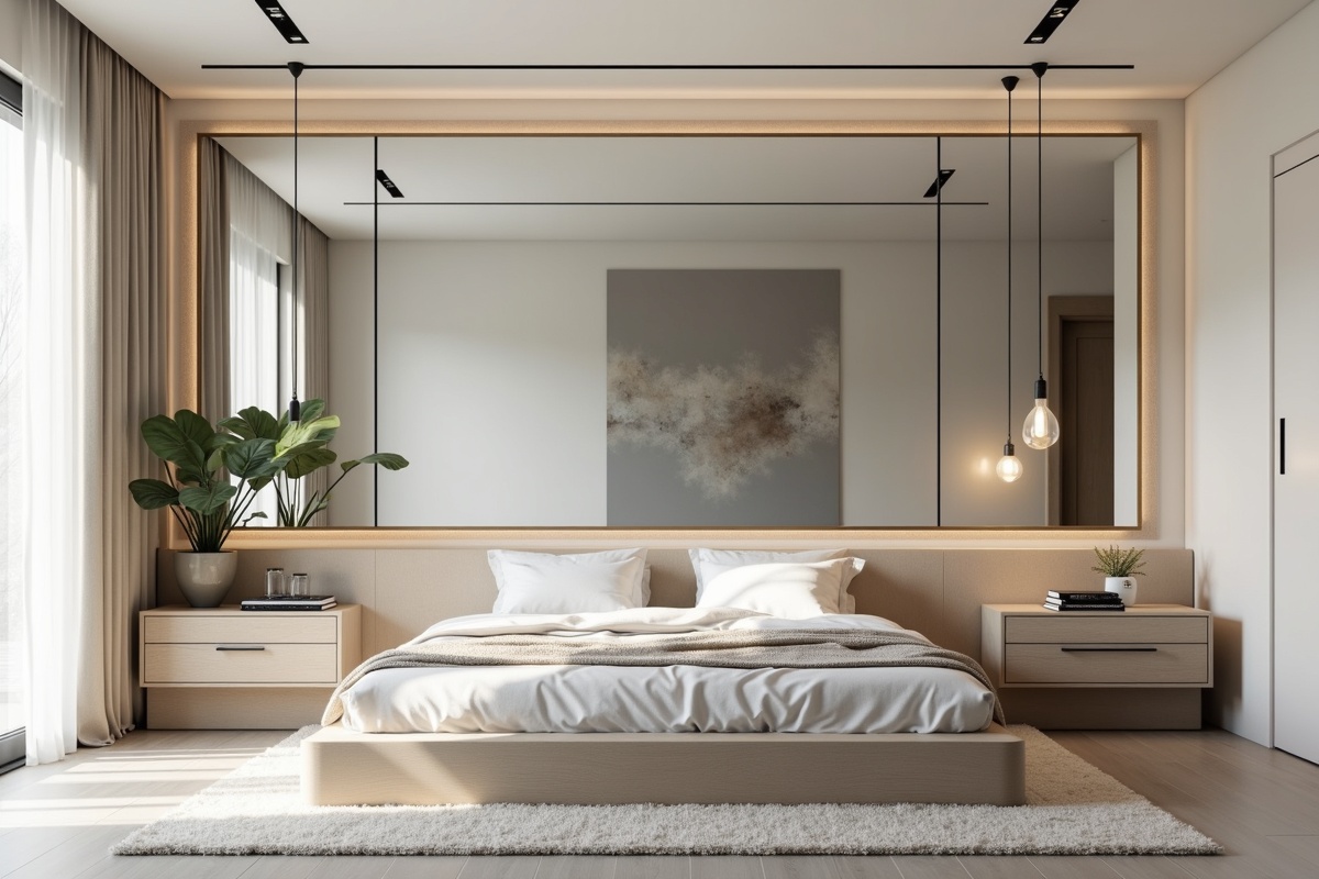 A well-lit modern bedroom with a large wall-mounted mirror demonstrating the type of oversized custom mirror installation available throughout DFW homes.