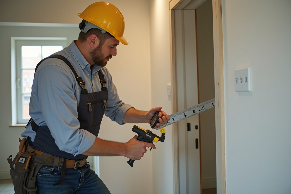 A contractor using a measuring tool during a home installation project representing the professional site measurement that prevents expensive mirror fabrication errors.