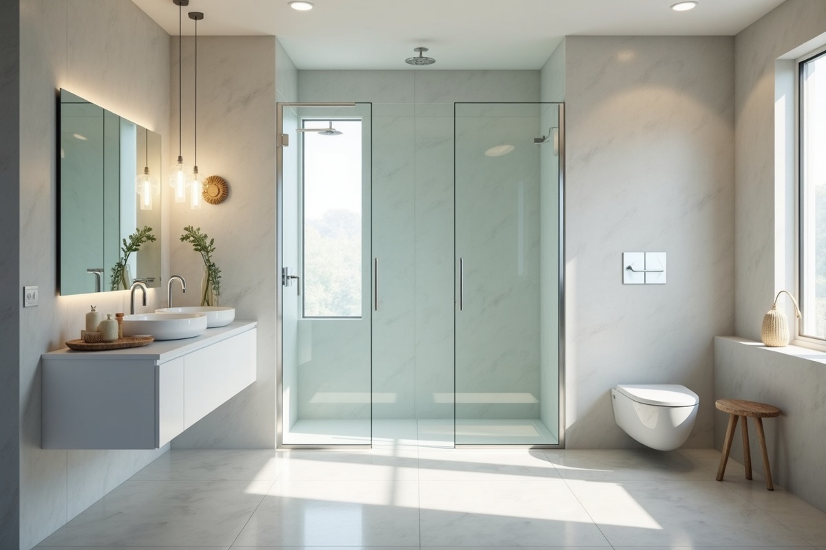 Interior of modern bathroom with glass shower cabin and sink showing the thickness and clarity of quality frameless shower glass panels installed in DFW