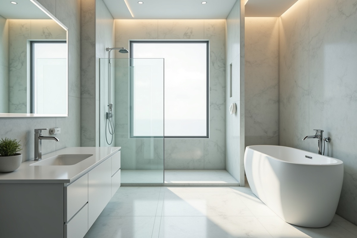 Modern bathroom interior with glass shower and contemporary fixtures showing how hardware selection and glass thickness work together in frameless shower design