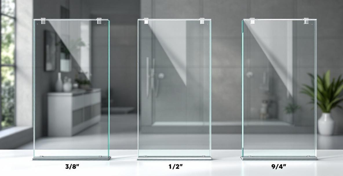 Interior of modern bathroom with glass shower cabin showing thick frameless glass panels that provide structural rigidity without a perimeter frame in DFW home