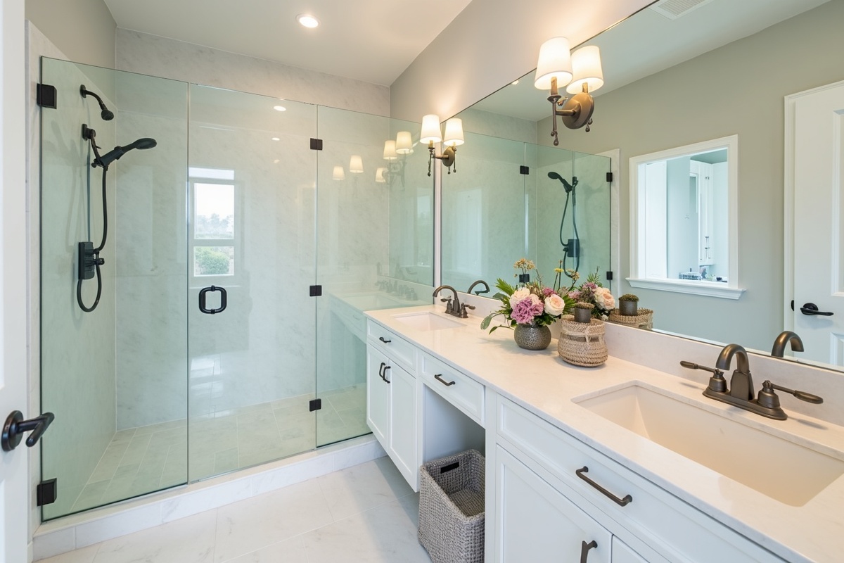 Custom bathroom with matching frameless shower enclosure and large vanity mirror showing cohesive glass design in a renovated DFW home