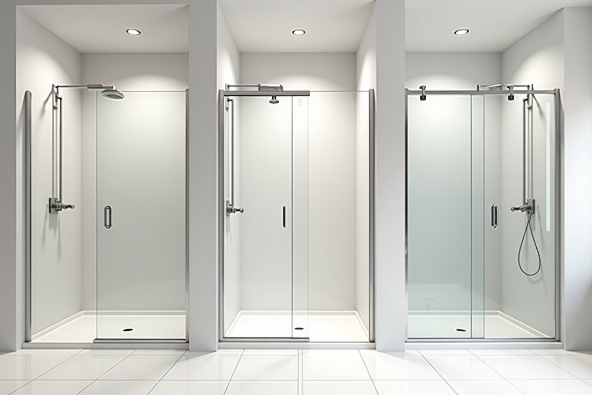 Three shower door configurations side by side showing frameless hinged, semi-frameless sliding, and framed bypass doors in a bathroom comparison