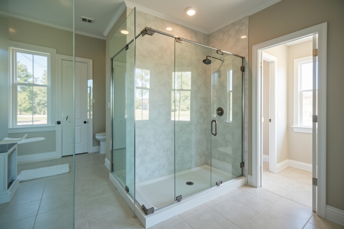 Premium frameless shower door installation in progress showing professional measuring and hardware placement in a DFW bathroom renovation