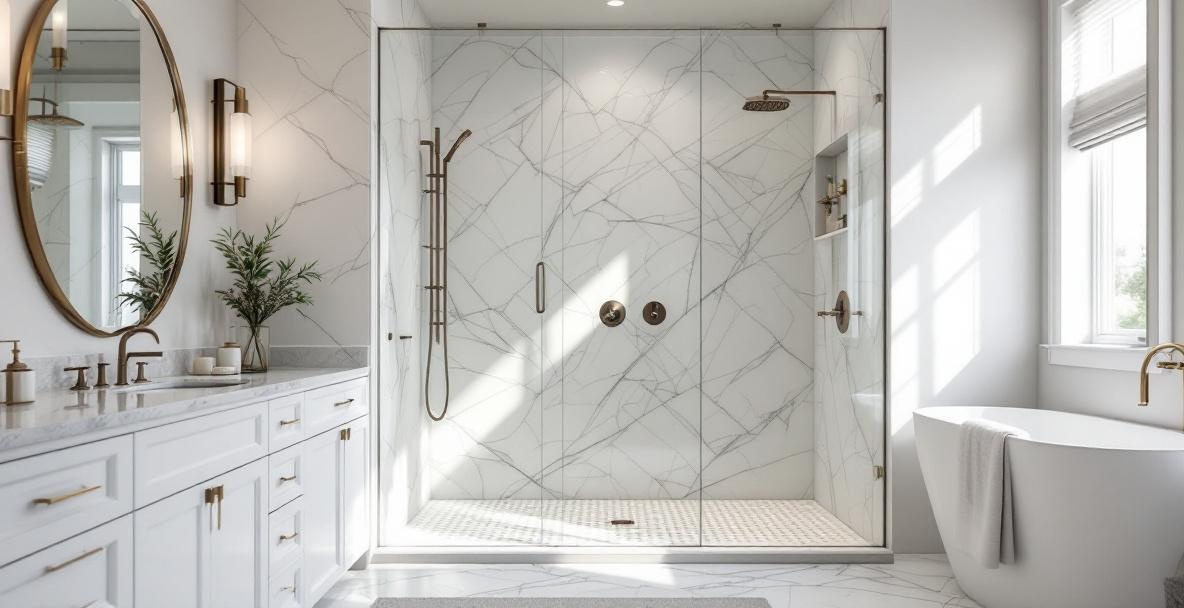 Modern bathroom with a premium frameless hinged shower door showing clear tempered glass and brushed nickel hardware as part of a complete shower enclosure