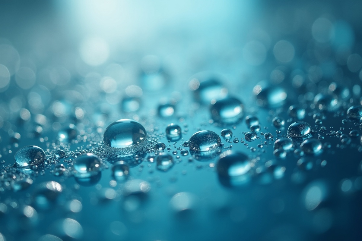 Close-up macro view of water droplets beading on glass panel surface showing how mineral deposits begin forming when water evaporates on shower glass