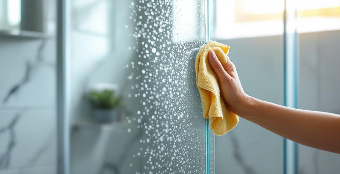 Person wearing yellow gloves cleaning frameless glass shower door with a squeegee, removing hard water deposits from clear glass panel in a modern bathroom