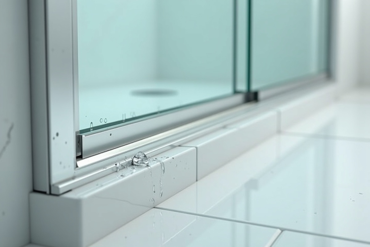 Close-up of the bottom corner of a glass shower door with visible water droplets and a worn vinyl sweep seal, representing the most common source of shower door leaks