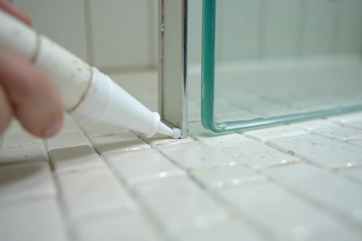 Bead of white silicone caulk applied along the inside seam where a glass shower panel meets tile wall in a DFW bathroom, illustrating recaulk repair for a leaking shower door