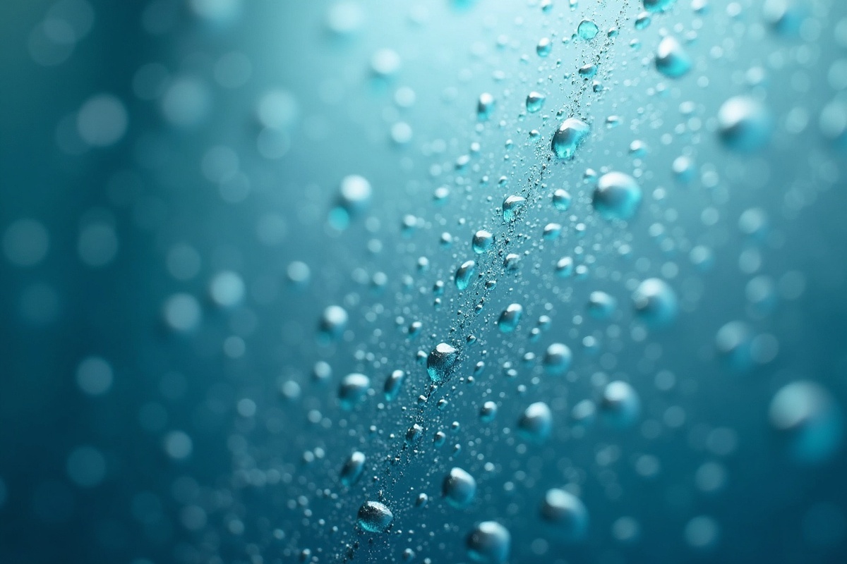 Macro view of water droplets on a glass surface showing how minerals deposit and leave streaks as water evaporates from shower glass.