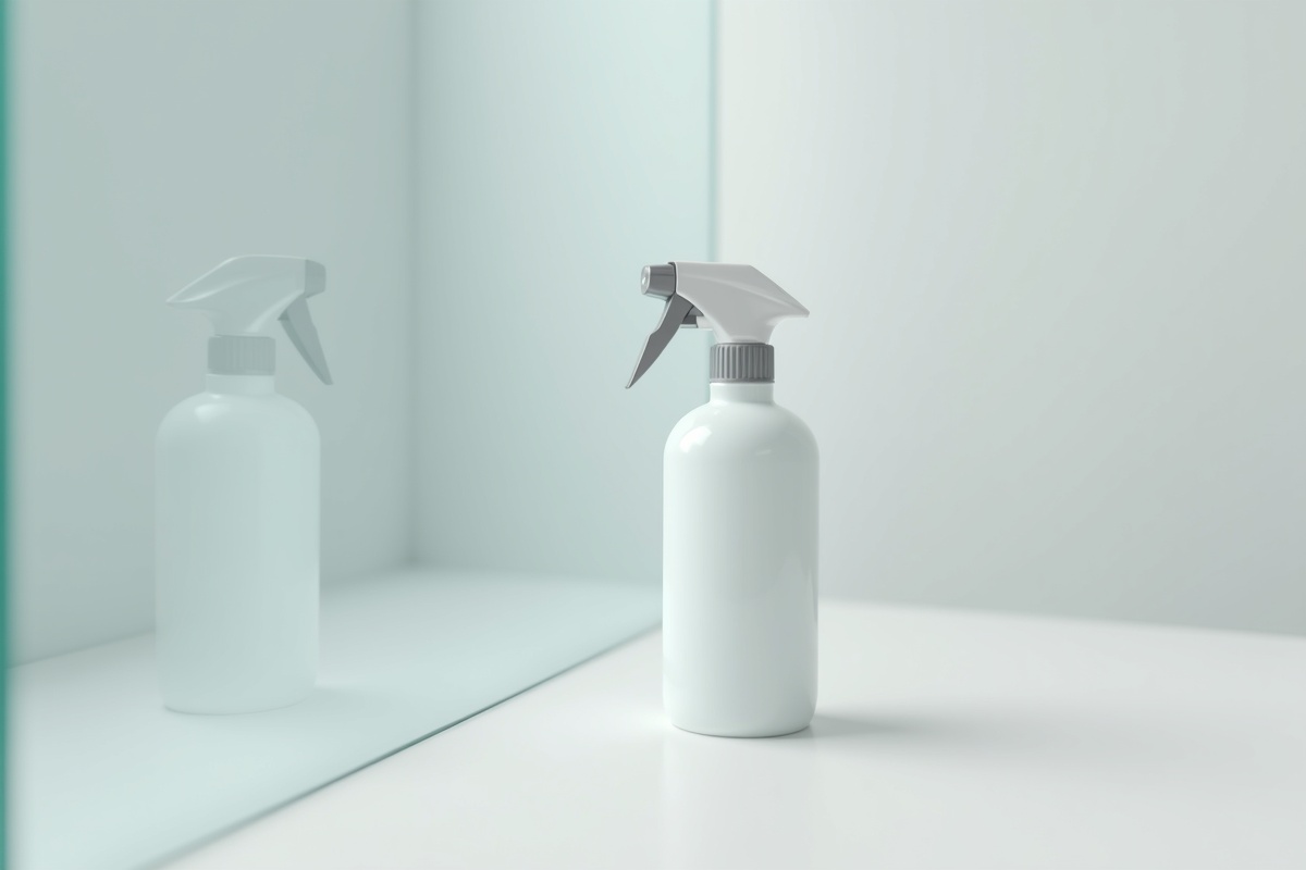 A spray bottle of cleaning solution sitting on a white surface representing the simple tools needed to keep frameless shower glass streak-free.