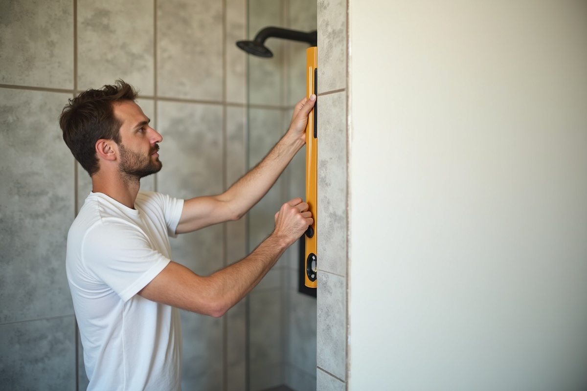 Builder checking wall plumb with a level during shower installation in a DFW bathroom renovation ensuring walls are straight before custom glass measurement
