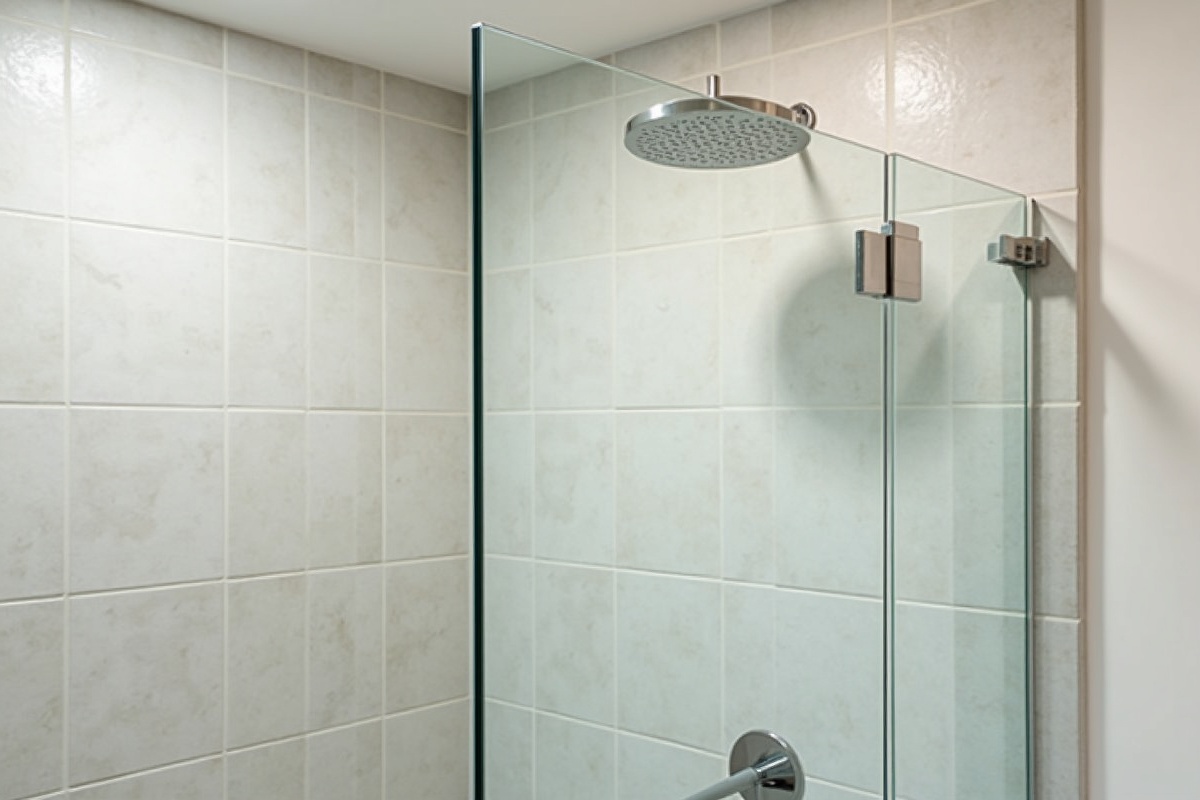 Completed custom frameless shower door installation in a DFW bathroom showing perfect fit against tile walls with chrome hardware and clear glass panel
