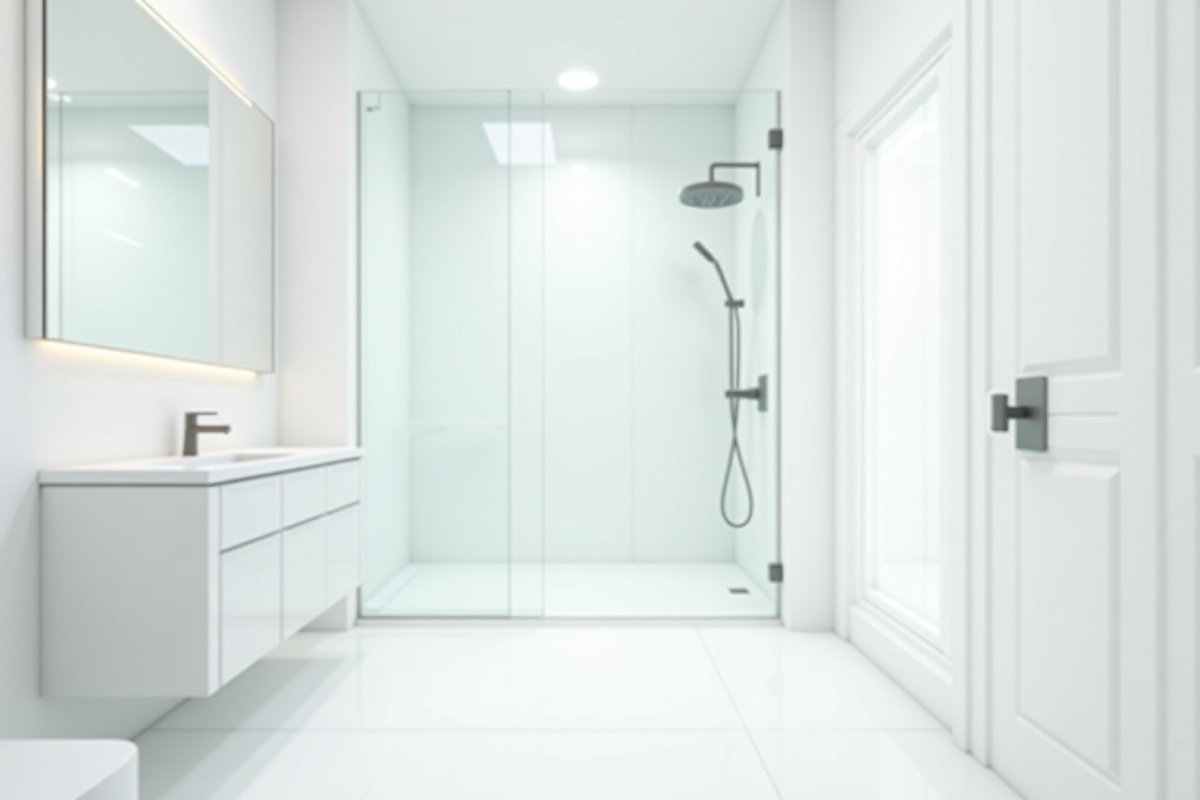 Sleek modern white bathroom interior with clean glass shower panel and contemporary fixtures showing the benefit of well-maintained glass surfaces free of hard water mineral deposits