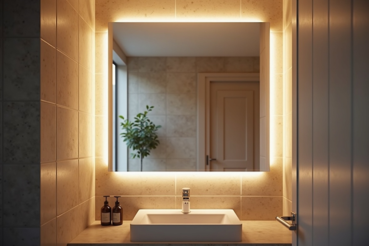Backlit illuminated bathroom mirror glowing softly against a tiled wall in a modern DFW bathroom, showing the halo effect and clean uninterrupted mirror surface