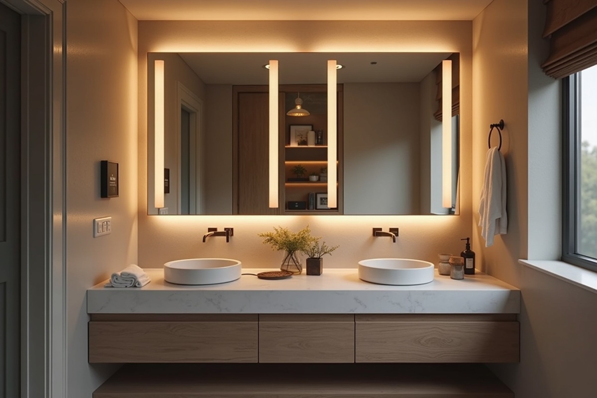 Modern DFW master bathroom vanity with illuminated mirror over a double-sink, featuring tunable color temperature and anti-fog heating pad
