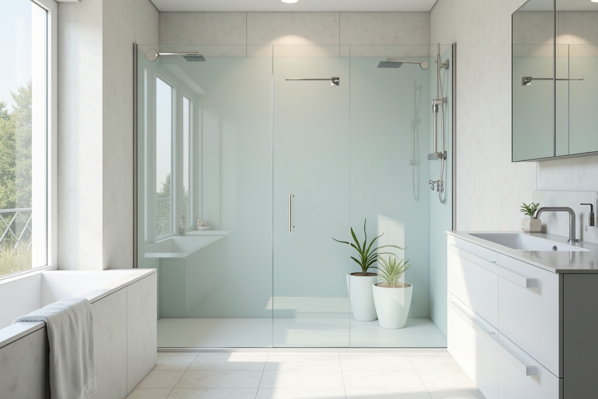 Crystal clear frameless shower door showing no visible frame hardware and easy-to-clean glass surface in a modern bathroom renovation
